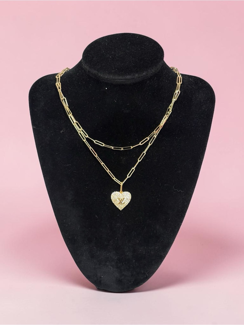 LV Upcycled Stamped Gold Double-Layer Paperclip Necklace with Heart Pendant